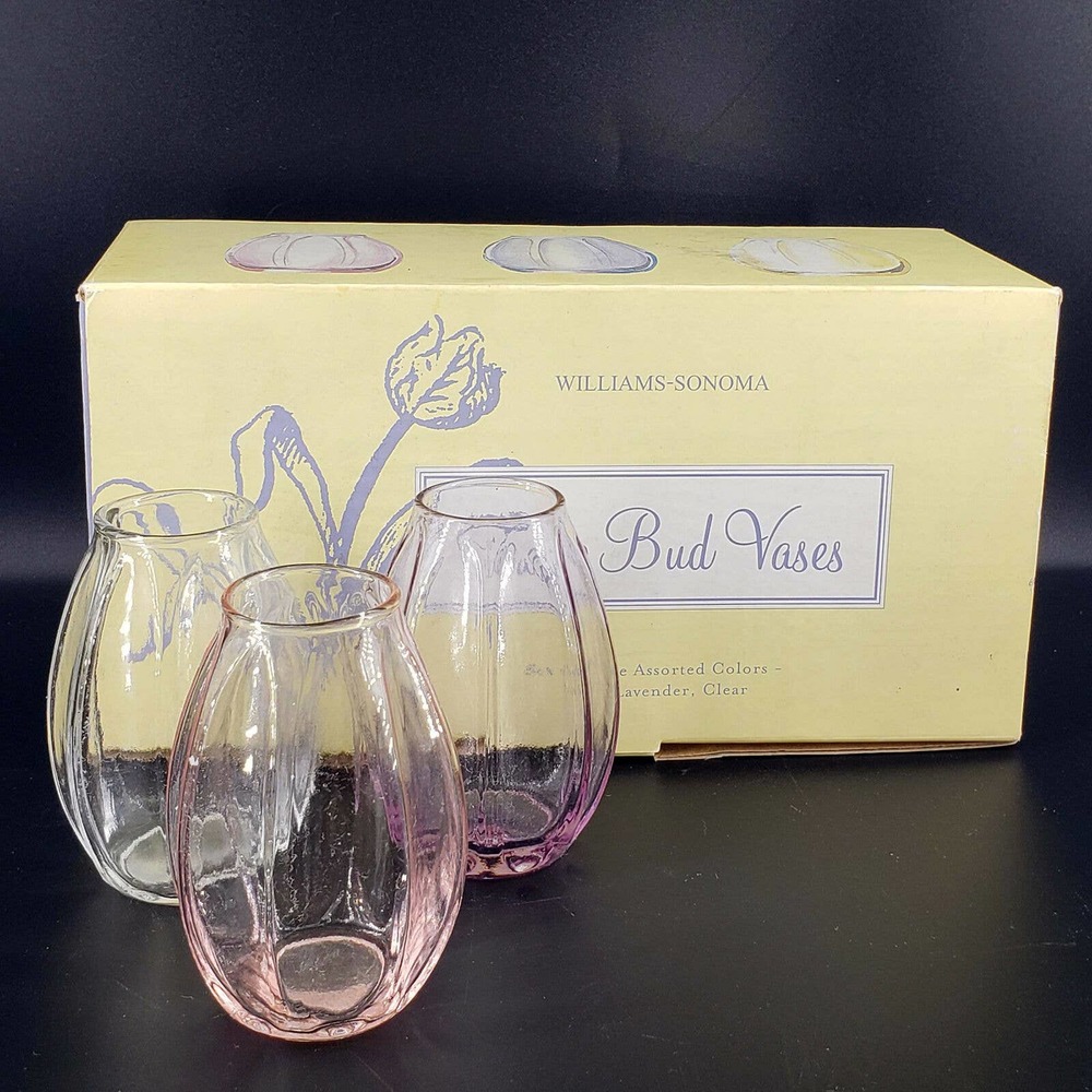 Williams-Sonoma multi color set of 3 glass tulip bud vases pink purple clear - Picture 1 of 3
